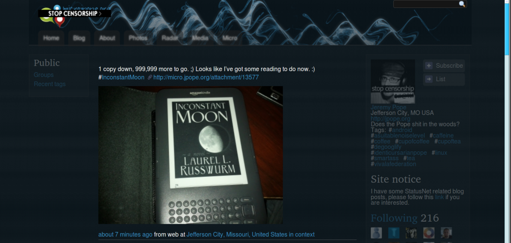 screenshot of @jpope's statusnet page showing his downloaded copy of Inconstant Moon