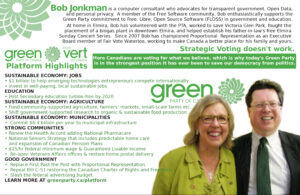 2015 Bob Jonkman, Green Party of Canada candidate for Kitchener-Conestoga Rack Card back