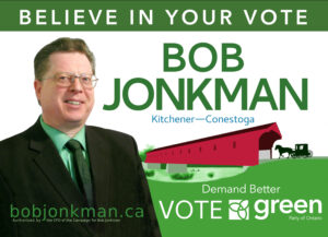 2018 Bob Jonkman, Green Party of Ontario candidate for Kitchener-Conestoga Rack Card front