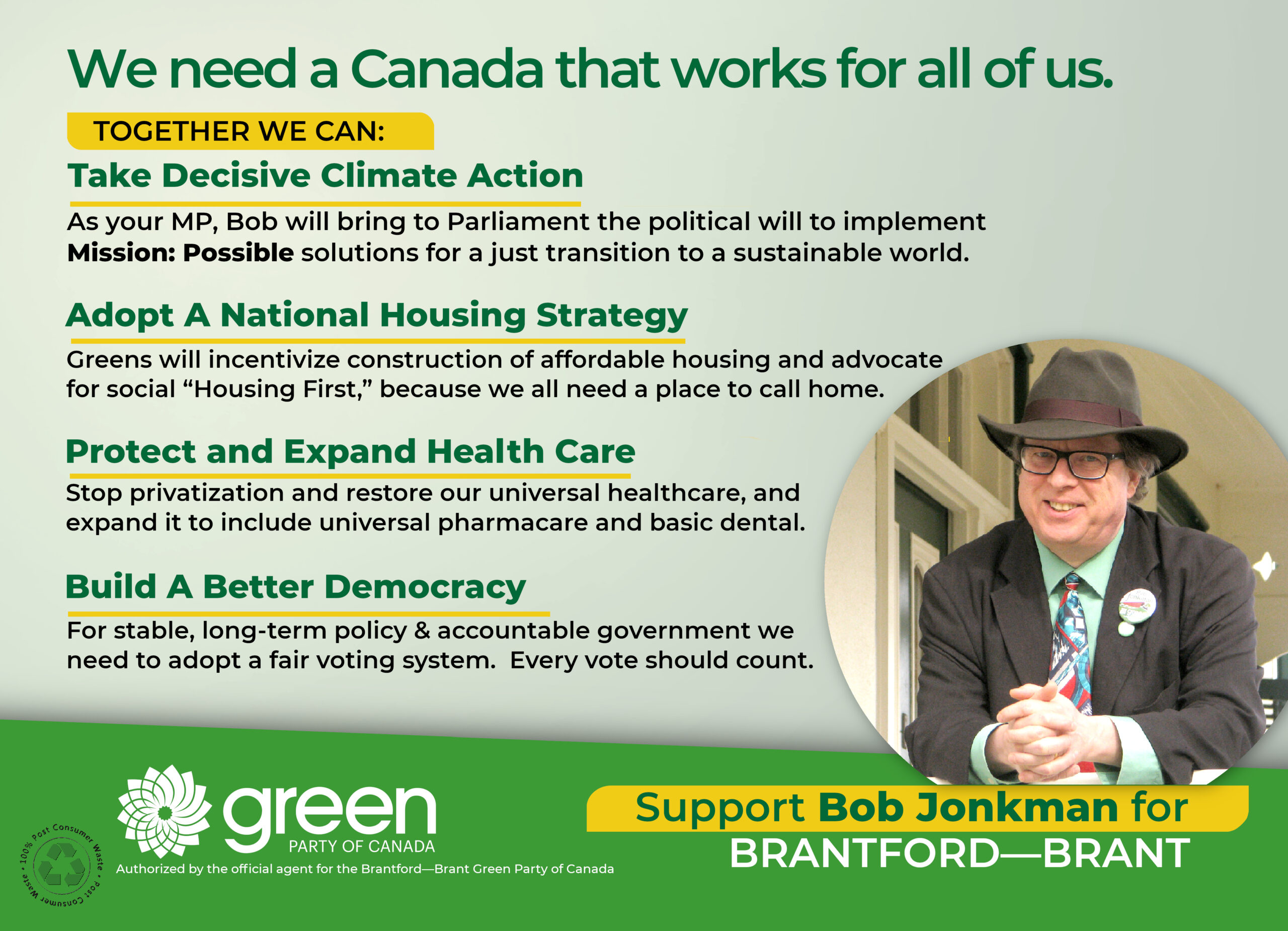 Bob Jonkman, Green Party of Canada candidate for Brantford-Brant Rack Card (reverse)